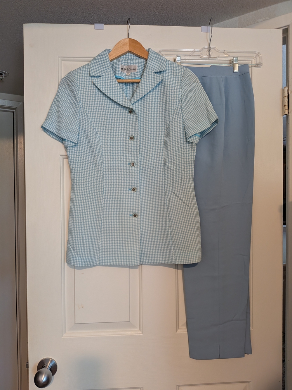K - Fashion) Light Blue Gingham Short Sleeve Blouse & Solid Pants Set